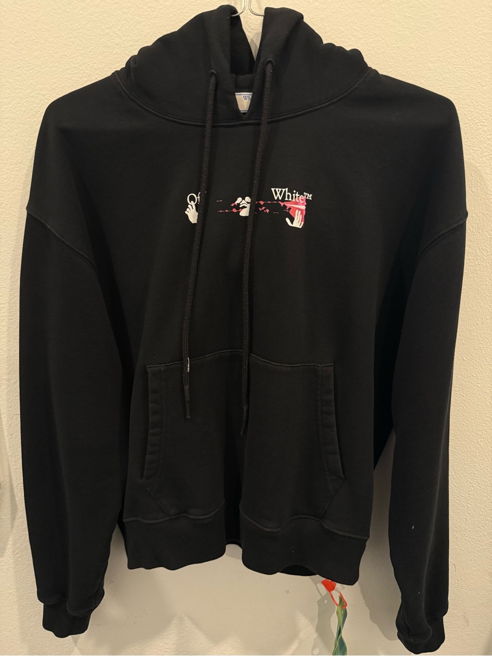 Off-White Black Hoodie with Small Red & White Graphic